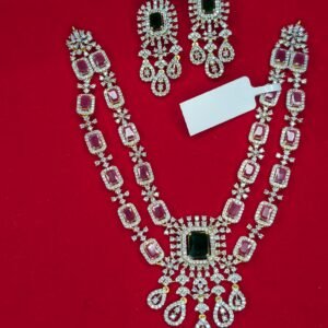 diamond look alike pink & green stone necklace rs.1750