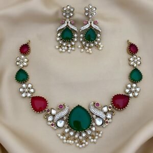 green and red stone kundan necklace rs.1700